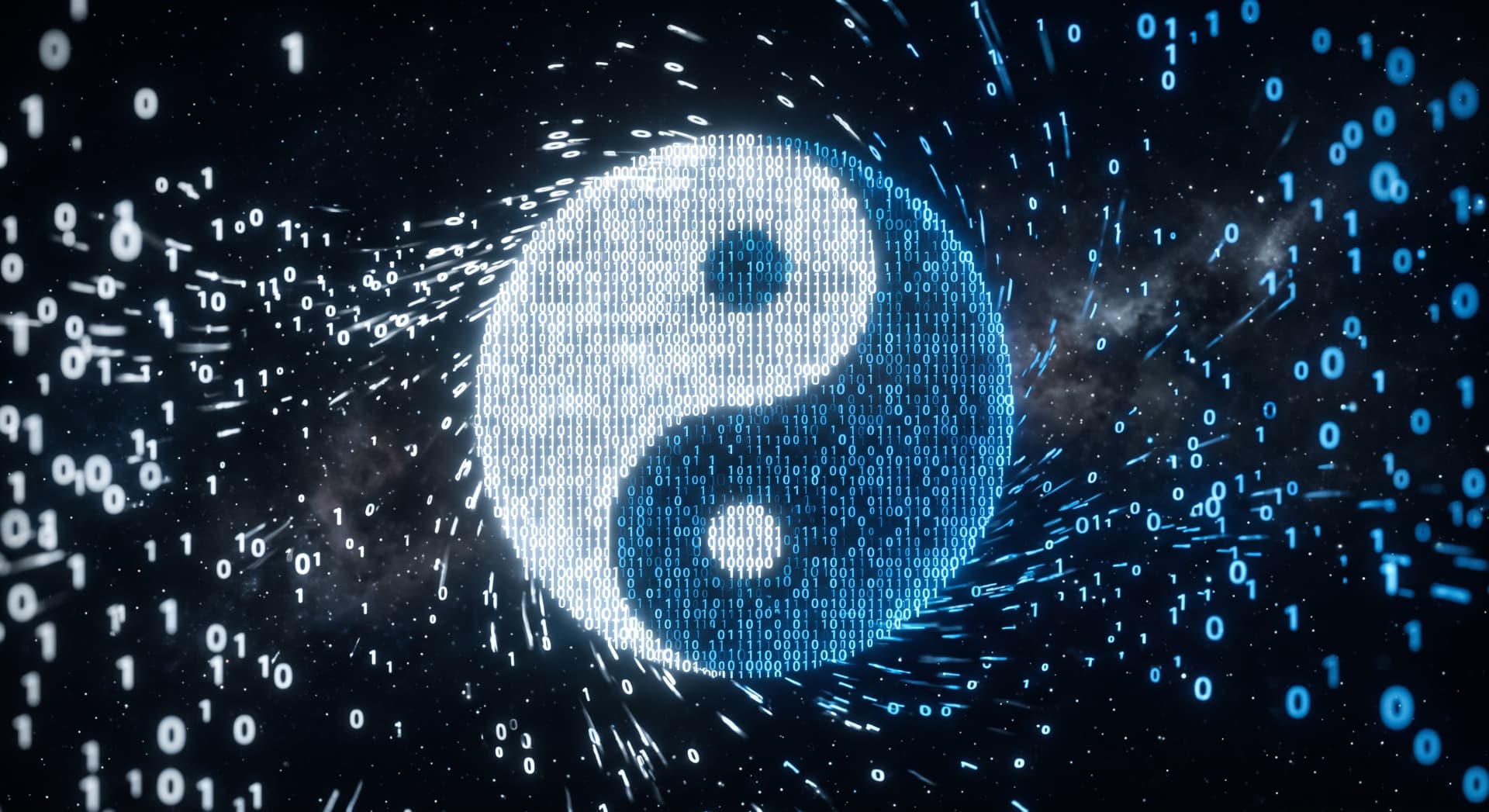 Yin-Yang-Zeichen, zusammengesetzt aus leuchtenden Nullen und Einsen in Weiß und Blau vor einem dunklen Sternenhimmel